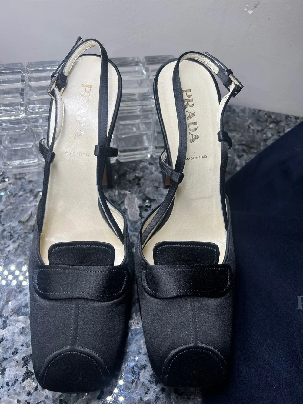 Prada Sz 38 Black Silk 4.5” Wrapped Block Heel Square Toe Heels Shoes